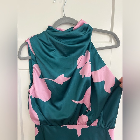 Anabelle Mock Neck Satin Midi Dress US M Teal Pink Mock Neck Cocktail Wedding - Picture 3 of 12